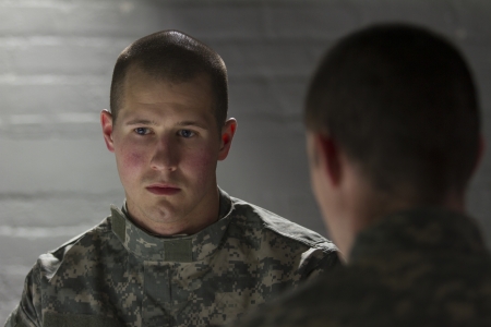 ptsd soldier being consoled by peer, horizontal